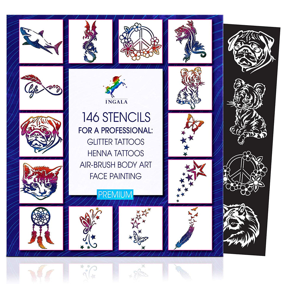 INGALA Premium Stencils Set - 146 Unique Artistic Glitter Tattoo Stencils for Kids, Teens and Adults. Suitable as Henna Tattoo stencils, Airbrush Stencils and Face Painting stencils