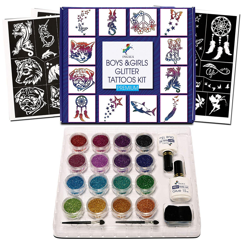 Ingala Premium Glitter Tattoo Kit for Boys and Girls | Unique Professional Glitter Tattoos for Kids and Adults | 74 Amazing Glitter Tattoo Stencils | 2 XL (0.5fl oz) Glitter Tattoo Glue