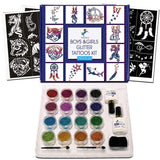 Ingala Premium Glitter Tattoo Kit for Boys and Girls | Unique Professional Glitter Tattoos for Kids and Adults | 74 Amazing Glitter Tattoo Stencils | 2 XL (0.5fl oz) Glitter Tattoo Glue