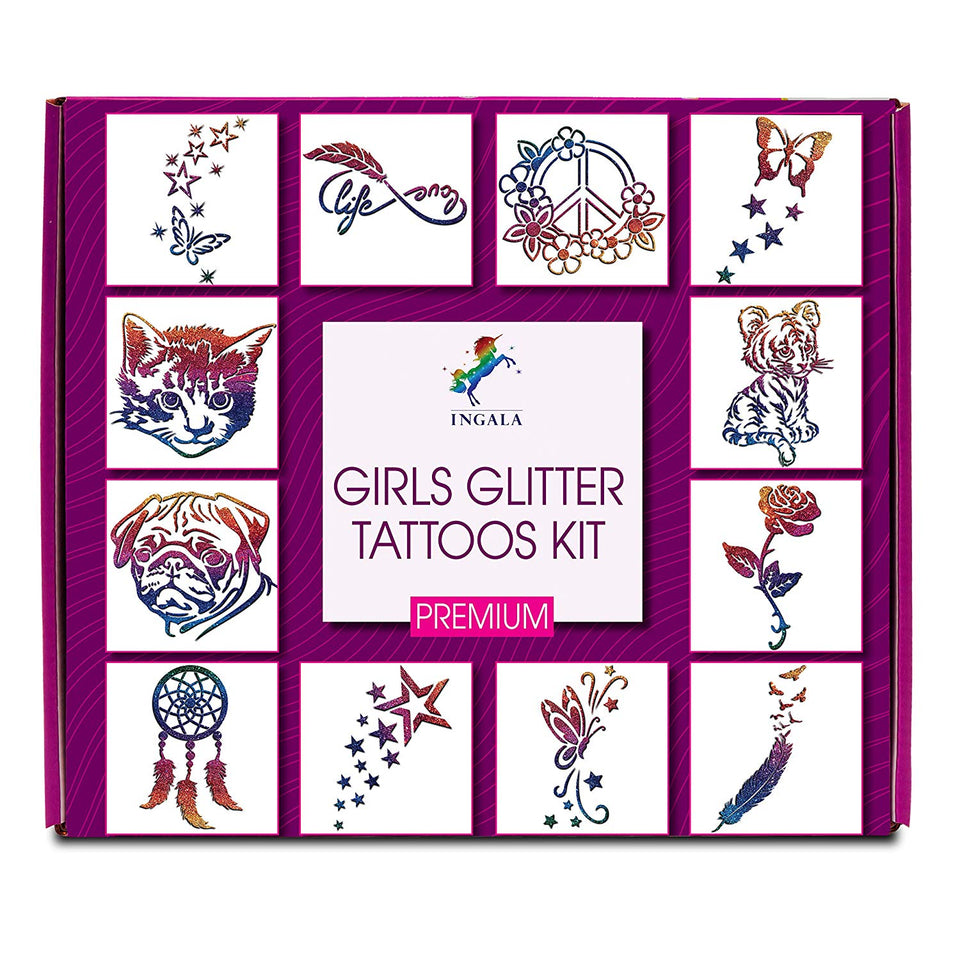 PREMIUM Glitter Tattoo Kit for Girls | Unique Professional Glitter Tattoos for Kids and Adults | 74 Amazing Glitter Tattoo Stencils | 2 XL (0.5fl oz) Glitter Tattoo Glue. By Ingala