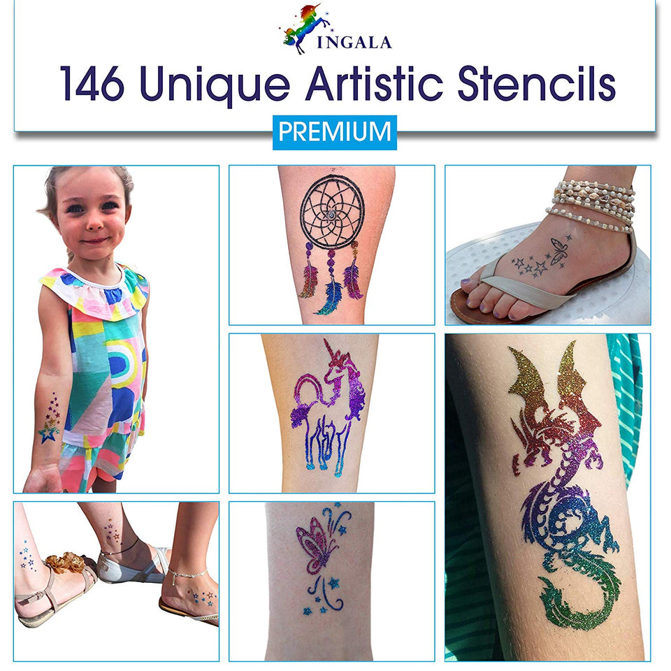 INGALA Premium Stencils Set - 146 Unique Artistic Glitter Tattoo Stencils for Kids, Teens and Adults. Suitable as Henna Tattoo stencils, Airbrush Stencils and Face Painting stencils