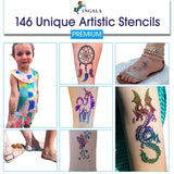 INGALA Premium Stencils Set - 146 Unique Artistic Glitter Tattoo Stencils for Kids, Teens and Adults. Suitable as Henna Tattoo stencils, Airbrush Stencils and Face Painting stencils