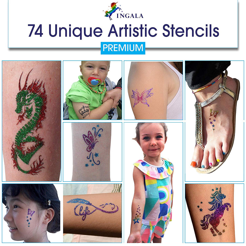 Ingala Premium Glitter Tattoo Kit for Boys and Girls | Unique Professional Glitter Tattoos for Kids and Adults | 74 Amazing Glitter Tattoo Stencils | 2 XL (0.5fl oz) Glitter Tattoo Glue