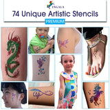Ingala Premium Glitter Tattoo Kit for Boys and Girls | Unique Professional Glitter Tattoos for Kids and Adults | 74 Amazing Glitter Tattoo Stencils | 2 XL (0.5fl oz) Glitter Tattoo Glue
