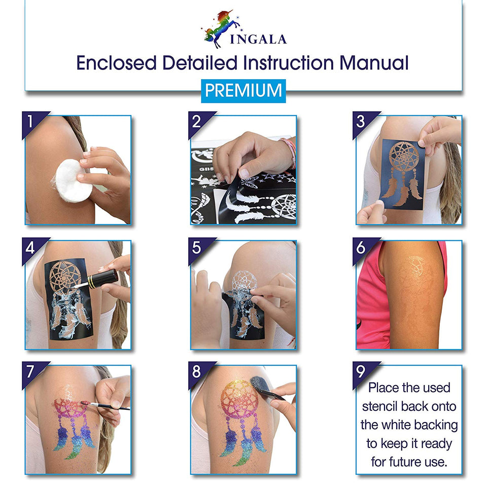 PREMIUM Glitter Tattoo Kit for Girls | Unique Professional Glitter Tattoos for Kids and Adults | 74 Amazing Glitter Tattoo Stencils | 2 XL (0.5fl oz) Glitter Tattoo Glue. By Ingala