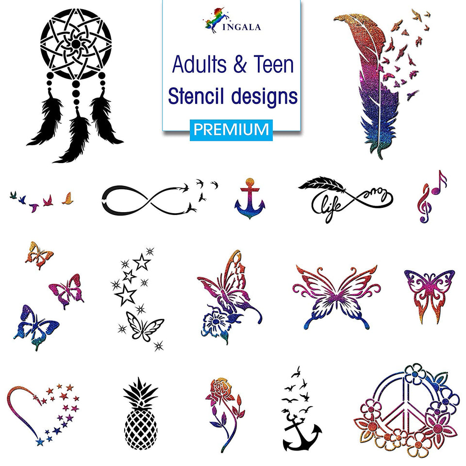 INGALA Premium Stencils Set - 146 Unique Artistic Glitter Tattoo Stencils for Kids, Teens and Adults. Suitable as Henna Tattoo stencils, Airbrush Stencils and Face Painting stencils