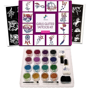 PREMIUM Glitter Tattoo Kit for Girls | Unique Professional Glitter Tattoos for Kids and Adults | 74 Amazing Glitter Tattoo Stencils | 2 XL (0.5fl oz) Glitter Tattoo Glue. By Ingala