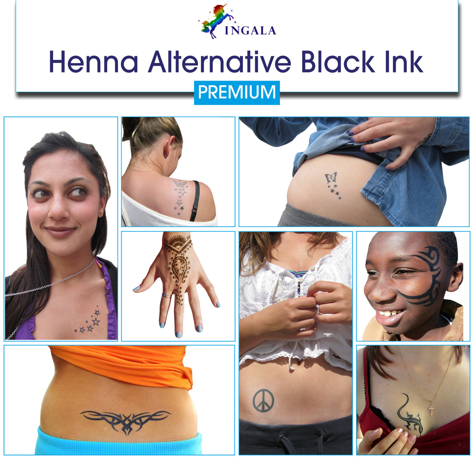 INGALA PRIMUM Henna Tattoo Alternative Black Ink | Black Ink for Semi Permanent Tattoos | Safe Henna Tattoo Kit Alternative Ink | Hypoallergenic & Dermatologically Tested | Waterproof