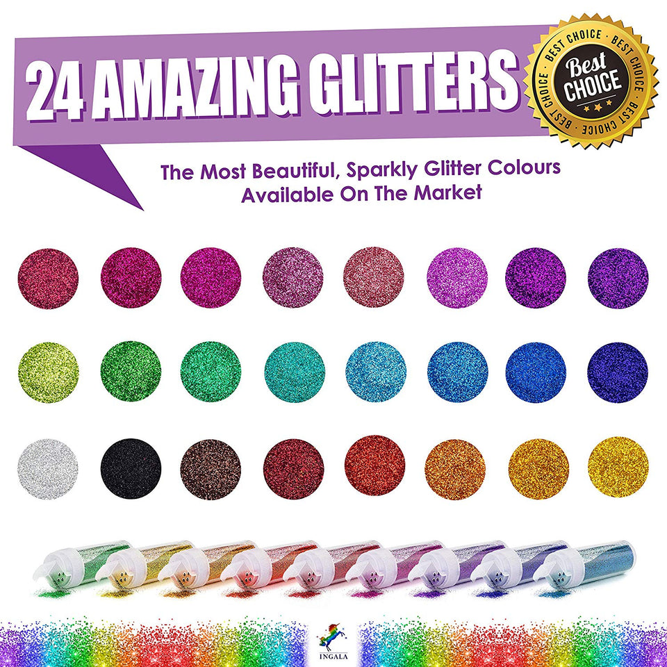 INGALA Pro Grade Glitter Tattoos Kit. 24 Extra Fine Glitter Colors